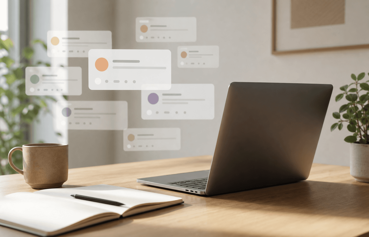 Abstract founder workspace with online conversation cards representing social listening