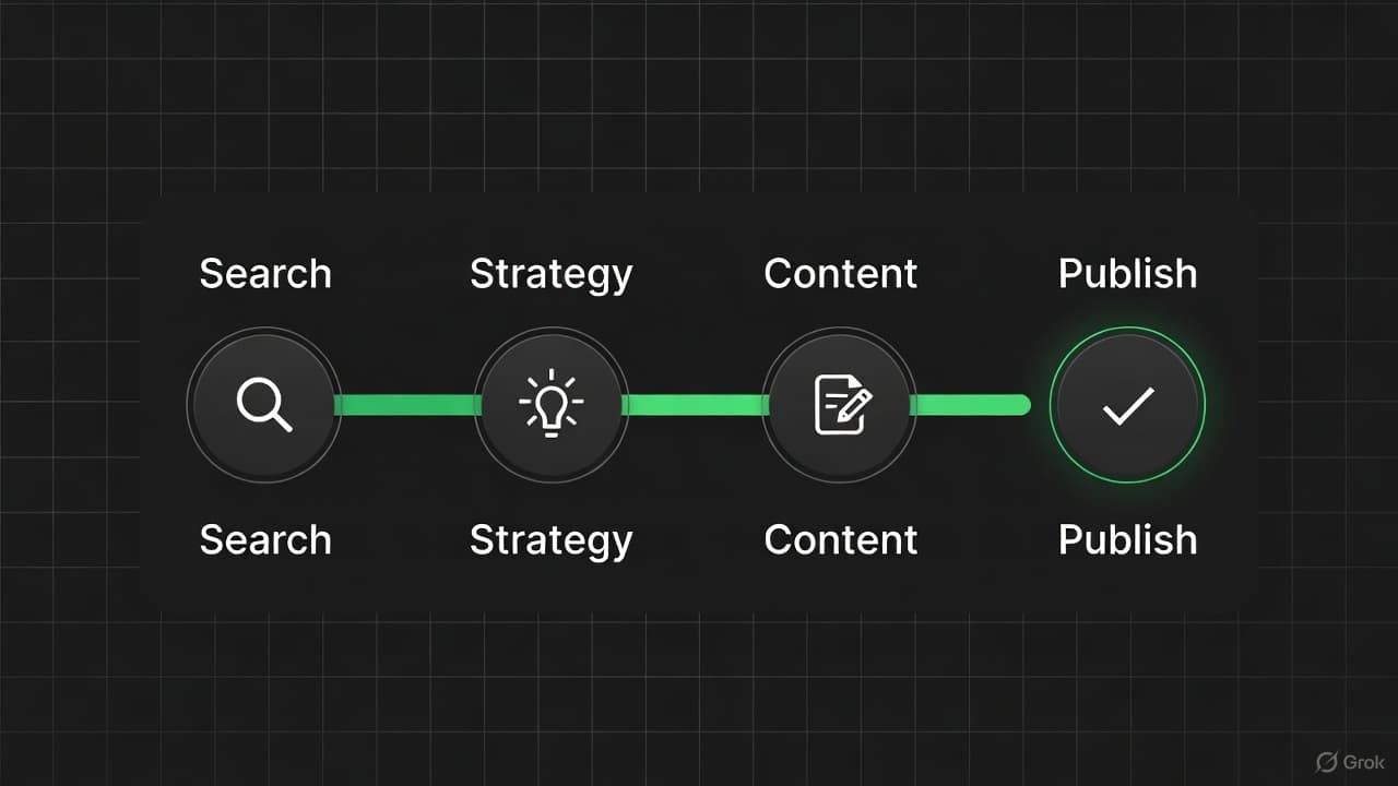 SEOSolved workflow: Analyze, Strategize, Generate, Publish