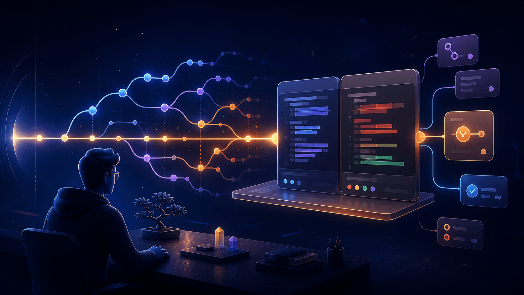 Abstract developer desk with a branching Git timeline flowing into a split code diff review